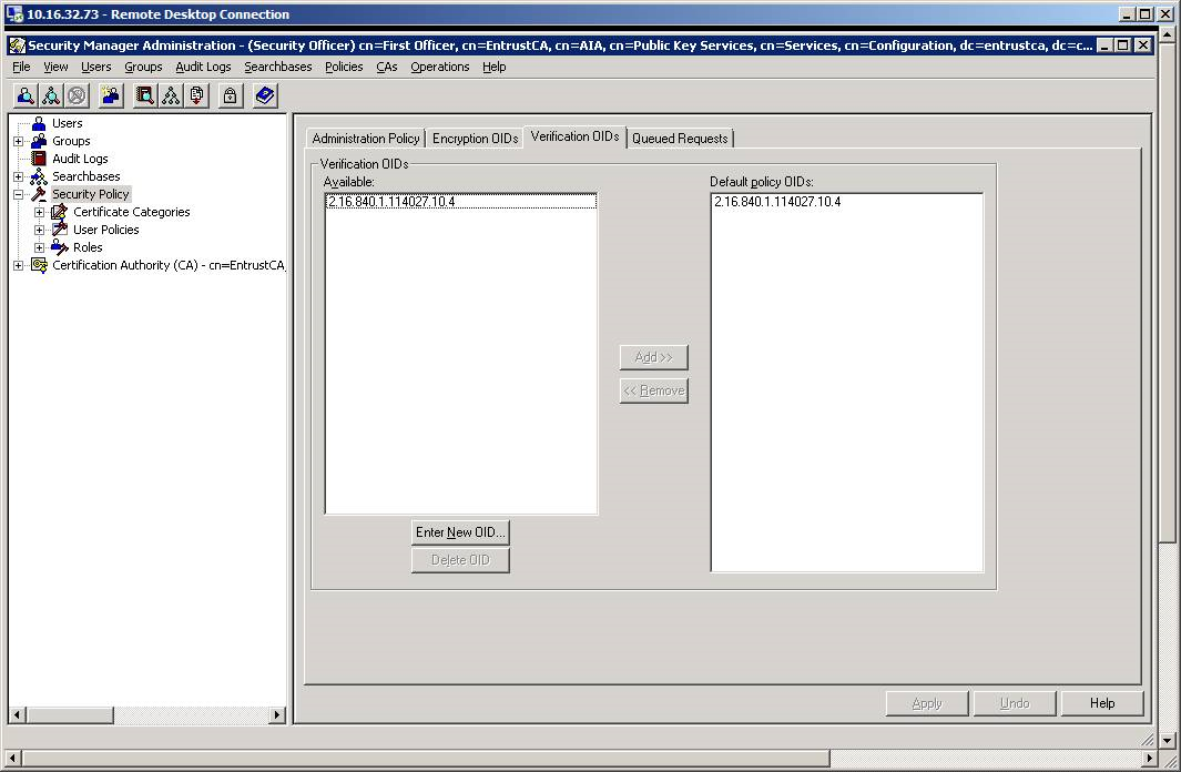 Entrust Security Manager Administration console with Security Policy selected in the left-hand panel, and the Verification OIDs tab selected on the right-hand panel